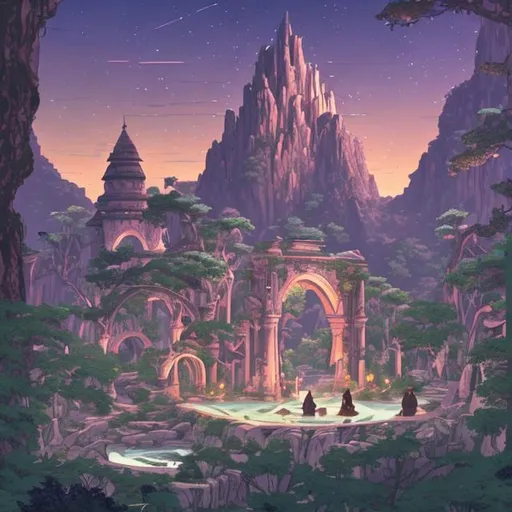 Prompt: Masterpiece painting of a female elf, D&D character, waterfall background, princess, archer, crystal zen garden, two rogues sitting on an arch, Wide angle, looking above from below, Large tower in the distance, background starry skys, magic hour, Wes anderson, Makoto Shinkai, vector art 