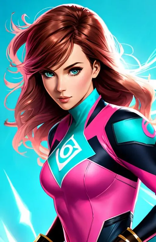 Prompt: Fiona Staples style female superhero, turqoise and pink suit, surging energy, brown hair