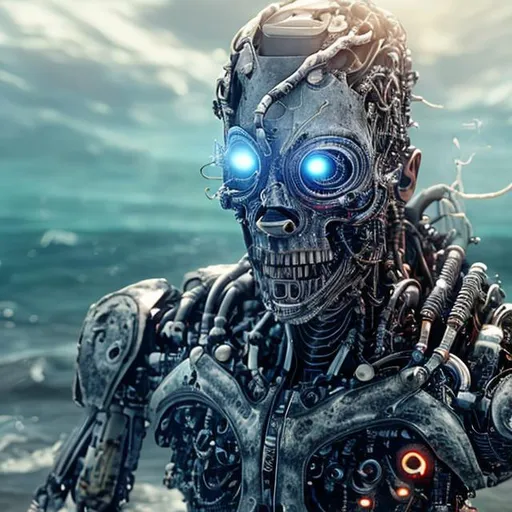 Prompt: A detailed photorealistic image of a  powerful "cyborg  rising out of the sea, has AI written on the forehead