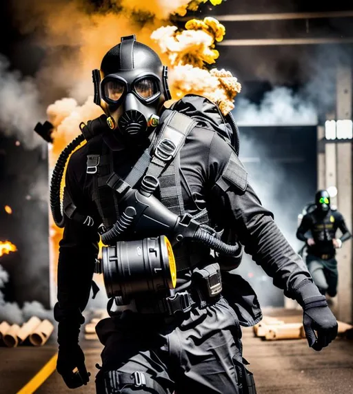 Prompt: Several mordern male black color with gas mask black, running with guns, Highly Detailed, Hyperrealistic, sharp focus, Professional, UHD, HDR, 8K, Render, electronic, dramatic, vivid, pressure, stress, nervous vibe, loud, tension, traumatic, dark, cataclysmic, violent, fighting, Epic.