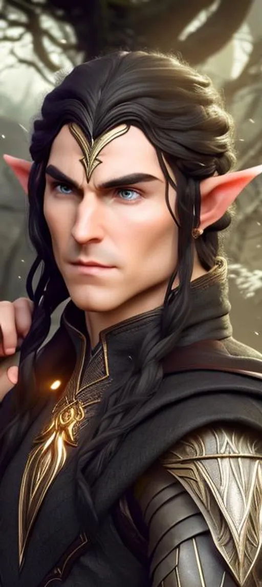 Prompt: Highly Detailed Photo (Wide Shot) of Elven Man(Medium length black hair) (birthmark around left eye)  his expression is difficult to read, the elven man could be dangerous, the elven man looks as though is able to conjure magics. Dark Fantasy 8K rendering 4K, Character Concept art
