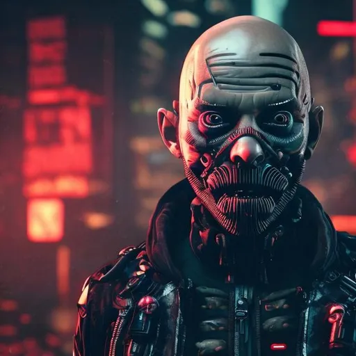 Prompt: A bald man with a ginger beard. 30yrs old. English. Fully masked. Cheeky grin. Bionic eyes and cyber enhancements. Lots of roses, Ferns and mushrooms in background. Figure is fully masked. Dark and edgy with neon accents. Cyberpunk style. Raw. Gritty. Dirty. Close up.