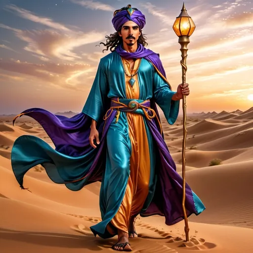 Prompt: full body view, Young Arabian male wizard, very dark skin, curled black hair, manicured sharp goatee and mustache, wearing turban, desert dunes, twilight, windblown colorful Arabian sheik robes covered in arcane symbols, carrying magical staff, elaborate curved tip silk shoes, dynamic pose, high quality, detailed, photographic realism, vibrant colors, twilight lighting, fantasy, detailed facial features, mystical, desert setting