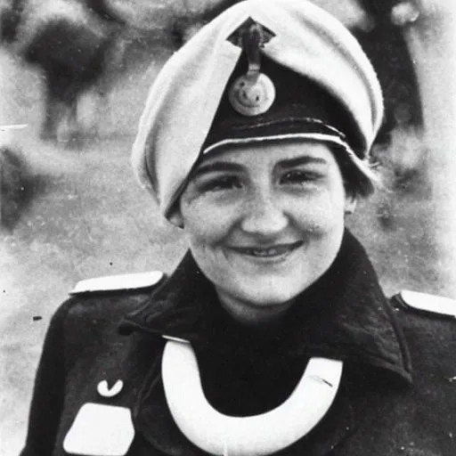 Prompt: Female captain of the uboot germany submarine during the world war two. She is smiling at the photo.