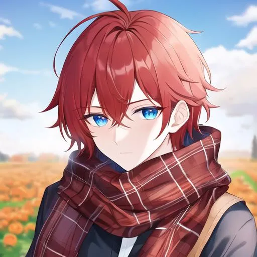 Prompt: Zerif 1male (l Red side-swept hair covering his right eye, blue eyes), highly detailed face, UHD, wearing a cozy flannel shirt and a pair of stylish jeans. In the park, fall.  wearing a scarf, looking up at the sky, in a pumpkin patch,  young adult. Handsome,  detailed, UHD, HD, 4K, highly detailed, red haze, masculine