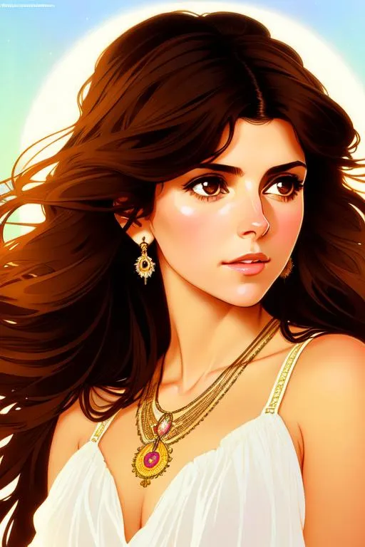 Prompt: Upper body portrait of Cute girl Marisa Tomei, 25 years old, brown long hair, tan skin, sundress, intricate, detailed face. by Ilya Kuvshinov and Alphonse Mucha. Dreamy, sparkles