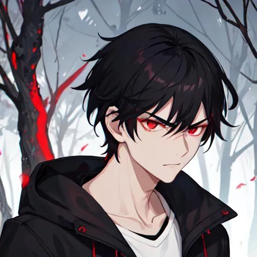 Prompt: Damien (male, short black hair, red eyes) in the park at night, casual outfit, dark out, nighttime, midnight, angry, stern look on his face