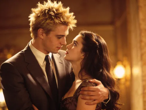 Prompt: A vintage-style scene radiating warmth, featuring a young man with spiky blond hair and   clad in a tailored business suit. He stands protectively, an air of quiet strength enveloping him, as he passionately holds a young brunette with cascading long hair, dressed modestly yet elegantly. He is fully enamored with her knowing that she has saved him. She gazes lustfully into his eyes, a palette of rich colors illuminating their expressions. The air is infused with passion, creating an atmosphere of tender connection and timeless romance, evoking a intensely romantic moment  with a soft, dreamy quality.