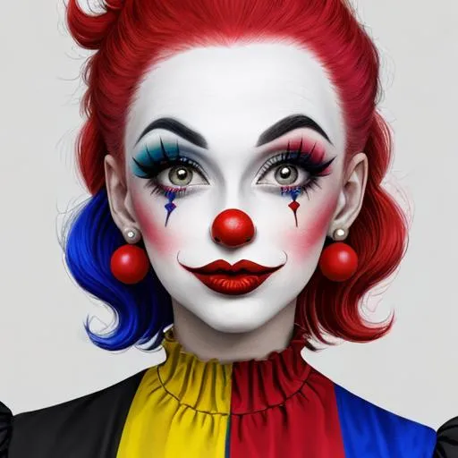 Prompt: A woman  clown, all in primary colors, cute clown makeup