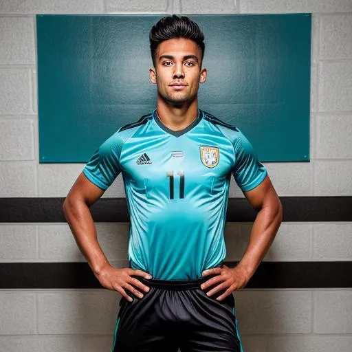 Prompt: 25 year old male soccer player posing wearing a turquoise shirt and black shorts. full body. hyperrealistic.