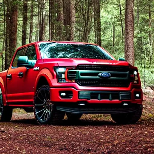 Prompt: Dark red lifted custom Ford f150 driving through the forest 