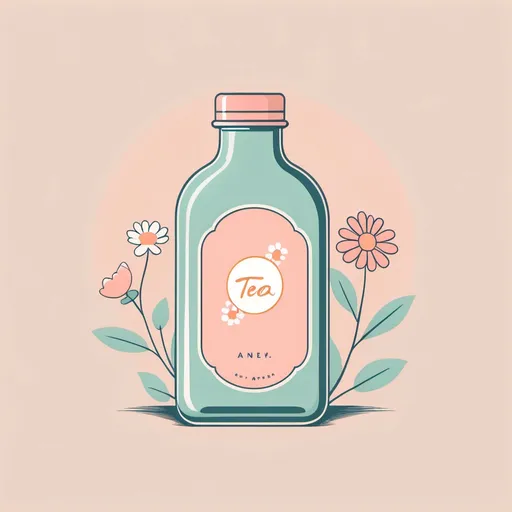 Prompt: a minimalist logo design, pastel colors and a retro aesthetic, a bottle of tea that has jelly and flowers inside it.