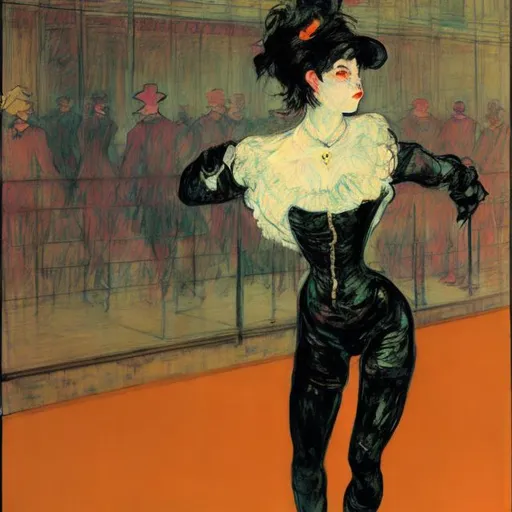 Prompt: jane avril dancing, black cyberpunk dress, in the style of toulouse lautrec
