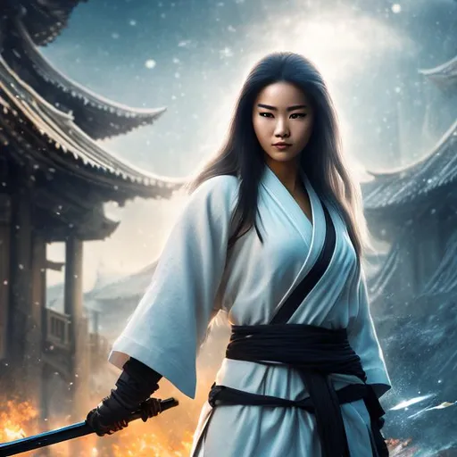 Prompt: create best quality photograph of beautiful female ninja who is wearing white ninja style robes,  night time and beautiful sky as background, detailed face, extremely detailed environment, extremely detailed background, extremely detailed skin, extremely detailed clothing, natural colors , professionally color graded, photorealism, 8k, realistic, moody lighting, galactic environment, volumetric lighting