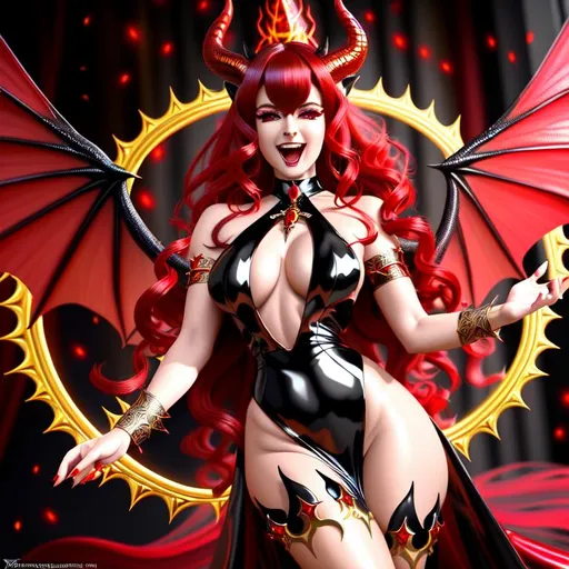 Prompt: A hyper realistic detailed full body image of a demonic flying feminine ((sexy lizard like woman)) who has ((energetic red scaled skin and eyes)), ((magic devil black in hair)) with ((sexy outfit)) with a plunging neckline, devil horns, balayage wild hair, laughing face expression, highly detailed, digital painting, Trending on artstation, HD quality, ((Yennefer)), ((by Prywinko)), ((big breast)), ((sexy)), red skin, tiefling,  ((demonic)) in a
church backdrop, city background