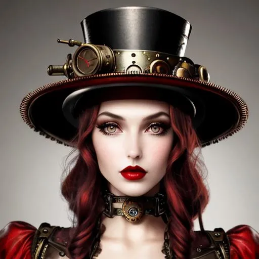 Prompt: Steampunk woman, pretty face, red lips, tall hat, closeup