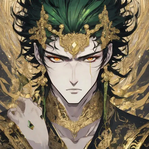 Prompt: God of envy, anime style, fantasy, gold accents, jealous, foolish, freckles 