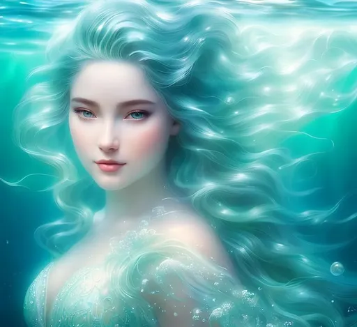 Prompt: Digital artwork of a beautiful and elegant young maiden Spirit of Water with flowing pale aqua hair. In her hair are small shells. She wears a translucent gown made of waves. Underwater. underwater lighting. Her body melds into the water.  Fantasy artwork, realistic shaded, fine details, Artgerm, ultrarealistic HDR, highly detailed. Fine facial features. Ultra realistic face. bright eyes. D&D. smooth. sharp focus. Intricate. Magical, Fantasy, concept art. max facial detail. Otherworldly. dreamlike