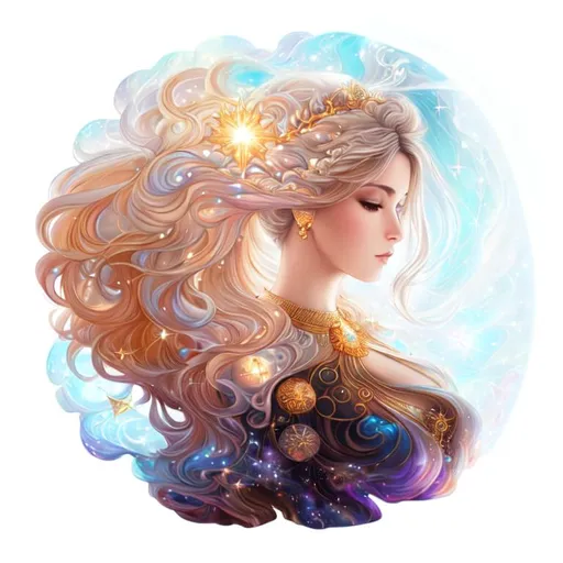 Prompt: {{{{highest quality concept art masterpiece}}}} digital drawing oil painting with {{visible fractal textured brush strokes}}, white prism, cosmic, etherial, goddess of light ,closeup, full body mature woman, long brown balayage cosmic fractal hair, wearing a long dark brown newton julia clusters fractal dress.