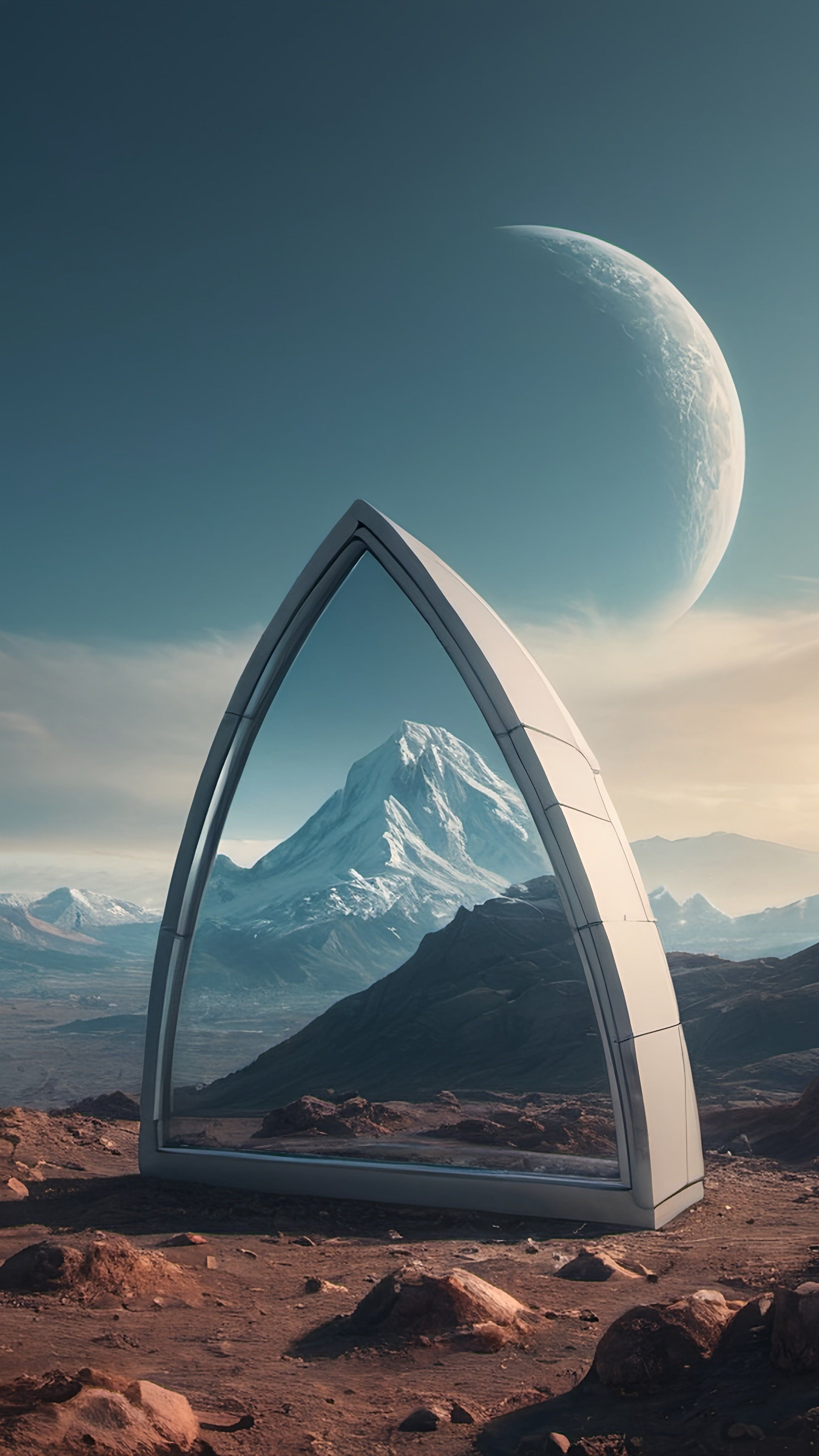 Prompt: a mirror  with a mountain in the background and a moon in the sky above it