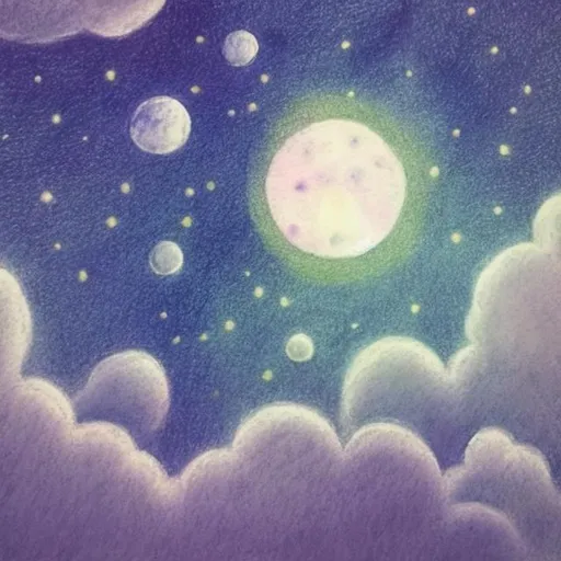 Prompt: Life in the sky drawing moon stars pastel colors