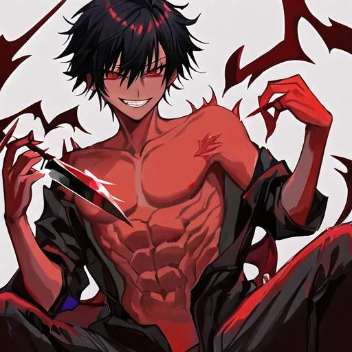 Prompt: Damien (male, short black hair, red eyes), demon form, shirtless, grinning seductively, holding a knife, hearts around him
