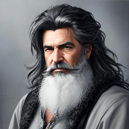 Prompt: oil painting, UHD,  8k, Very detailed, panned out view, whole character, male , mature adult, black shaggy hair, black and gray beard, gray streak, druid clothing