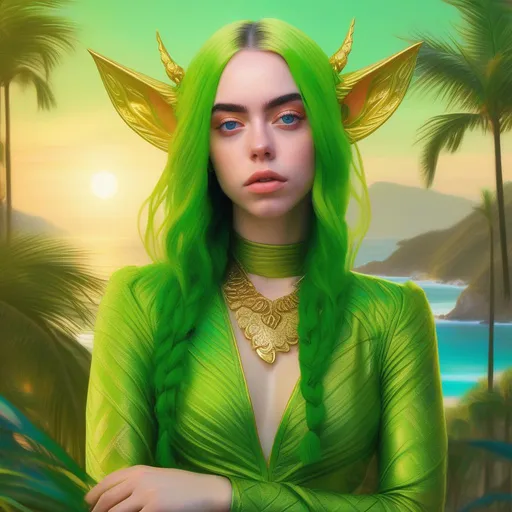 Prompt: fantasy art, digital painting, D&D character portrait of Billie Eilish as a goblin, {{green skin}}, {{large ears}}, full body, golden filigree intricate details, panned out, highest quality, beautiful sunny day, tropical shoreline vaporwave background, palm trees, 