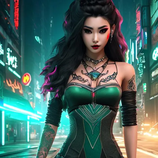 Prompt: araffe cyberpunk woman in a red mesh dress, fully tattooed body, pog, fantasy princess, fullface, dark souls character, snake woman tattoos on neck, messy wavy blue hair with green highlights, heavily upvoted, wearing a long flowy fabric, korean youtuber, photoshopped, yakuza, 8k, trending on artstation