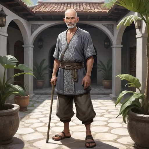 Prompt: Full body, Fantasy illustration of a male janitor, 50 years old, skinny, grey hair on the side and the back, horseshoe shaped pattern baldness, wearing simple fantasy garment, grumpy expression, high quality, rpg-fantasy, detailed, in the courtyard of a tropical hacienda 