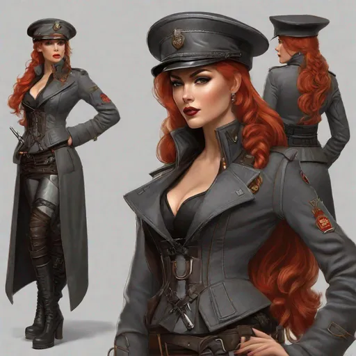 Prompt: award winning line illustration in the style of ((craig mullins)) depicting a ((supermodel)) dieselpunk female officer with (long braided red hair), grey wool flight cap, open grey wool greatcoat, ((black leather corset mini dress)), brown leather knee high laced boots, adobe illustration, deviantart, artstation, (cleavage)