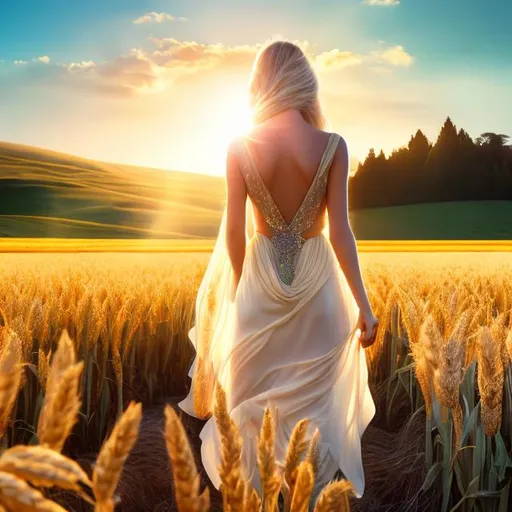 Prompt: HD 4k 3D 8k professional modeling photo hyper realistic beautiful greek woman ethereal greek goddess of grain, agriculture, harvest, growth, and nourishment
blonde hair hazel eyes gorgeous face tan skin yellow shimmering dress full body surrounded by magical glowing sunlight hd landscape background of enchanting mystical wheatfield