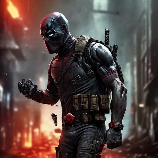 Prompt: Redesigned dark gritty, mostly black with dark red military commando-trained villain deadpool. Bloody. Hurt. Damaged mask. Accurate. realistic. evil eyes. Slow exposure. Detailed. Dirty. Dark and gritty. Post-apocalyptic Neo Tokyo with fire and smoke .Futuristic. Shadows. Sinister. Armed. Fanatic. Intense. 