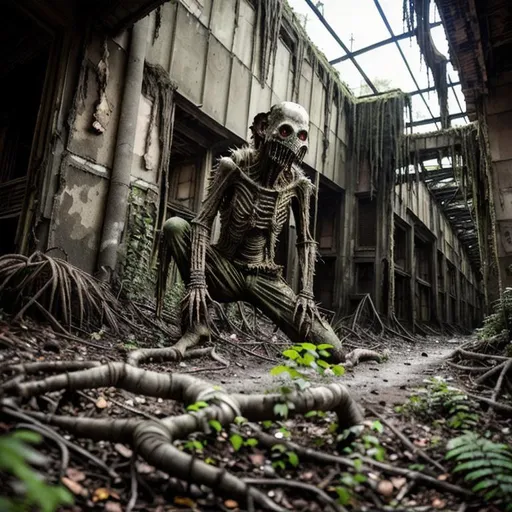 Prompt: humanoid ghoul creature, eerie mutant, decaying, rotten skin, ragged clothes, dirt, multilayered,, old apocalyptic city wasteland overgrown by oppressive huge forest, vines, plants and roots growing, cracking through walls, 3d render,  high detail,