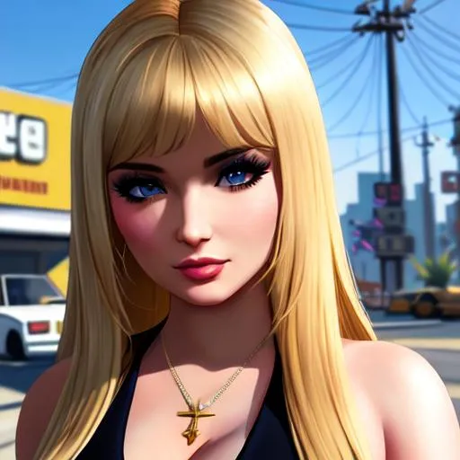 Prompt: kim petras in GTA V, Los Santos, beautiful, sunny day, highly detailed, sharp focus, realistic