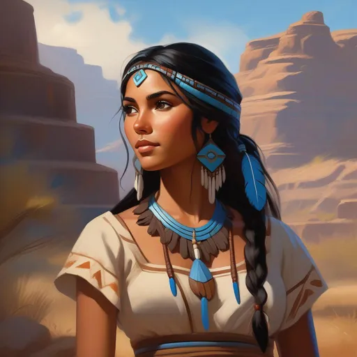 Prompt: Third person, gameplay, ancient Cherokee girl, tan skin, black hair, brown eyes, blue atmosphere, cartoony style, extremely detailed painting by Greg Rutkowski and by Henry Justice Ford and by Steve Henderson 