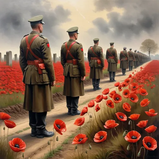 Prompt: War graves in Belgium and Holland, soldiers paying respects, fields of red poppies, somber atmosphere, realistic oil painting, high detail, respectful tribute, solemn moment, historical homage, traditional art style, muted earth tones, soft natural lighting