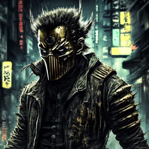 Prompt: Redesigned Gritty Very dark black, gold and green evil phantom-wolverine. Injured. Bloody. Hurt. Damaged mask. Accurate. realistic. evil eyes. Slow exposure. Detailed. Dirty. Dark and gritty. Post-apocalyptic Neo Tokyo. Futuristic. Shadows. Sinister. Armed. Fanatic. Intense. 