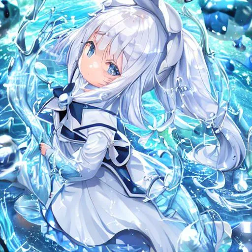 Prompt: cute little girl white hairs magic powers of water