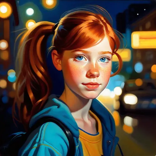 Prompt: 14 years old Irish American girl, pale skin, ginger hair, blue eyes, ponytails, freckles, tomboy, hot weather, Pittsburgh at night, cartoony style, extremely detailed painting by Greg Rutkowski by Steve Henderson 