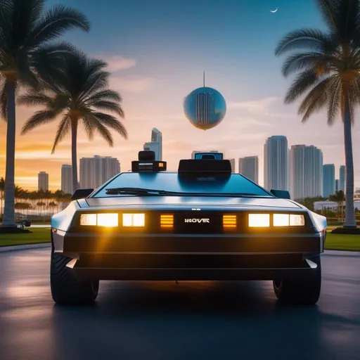Prompt: A hovercar that looks like an F1 race car DeLorean Humvee Fusion, is parked outside, parking lot, Space Miami Background, Planets visible in the background, Palm Trees, {{{masterpiece}}}, UHD, 4K, 