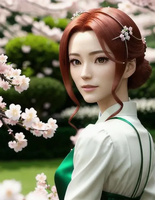 Prompt: 64K UHD HDR Realistic Sakura Kinomoto: Emerald Green Magic in Flowing Chestnut Locks. Cherry Blossom Hairpin, Symbol of Deep Connection. Serene Garden, Heartfelt Memories. Soft Sunlight, Magical Glow. Octane Render. Eye-Candy. Inspired by Unbreakable Bond.