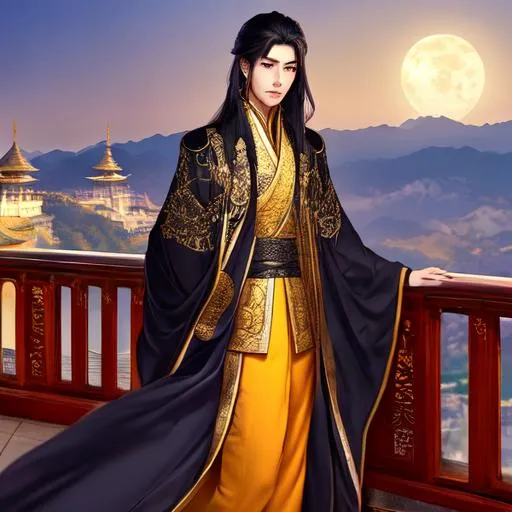 Prompt: beautiful Chinese prince wear a long dark dress standing on a balcony overlooking a cliff with the light of the full moon shining on his face. his face is melancholic and beautiful with a tear drop of blood falling down his eyes  and there is wind slightly blowing his long gray hair from behind. the perspective is a medium shot with a grand golden palace behind him, 4k digital art, the face must be highly detailed.