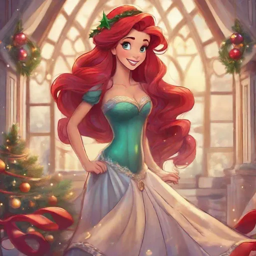 Prompt: Vivid, detailed, Disney art style, full body, Ariel Disney Princess, Hair part on left side, full body, cute, Christmas