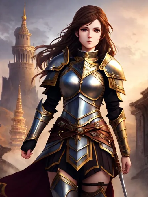 A female knight with brown hair, epic, dark fantasy,... | OpenArt