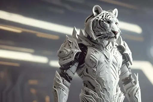 Prompt: "anthropomorphic white tiger god like man, wearing futuristic military armor, posed ready for war, "