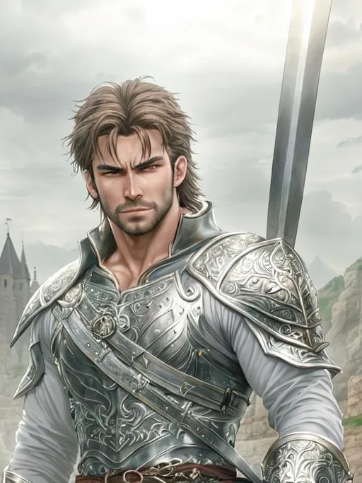 Prompt: UHD, 8k, high quality, ultra quality, Very detailed, high detailed face, high detailed eyes, anime style, medieval, fantasy, man, gorgeous, strong man, fitness, warrior, armor, angry, holding a sword in hand