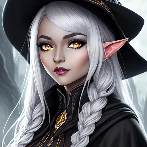 Prompt: half body portrait, female , elf, drow, gray skin, ((dark gray skin:0.6)), gray pointed ears, detailed face, detailed golden eyes, full eyelashes, void eyes, ultra detailed accessories, detailed interior, tavern background, black cloak, black witch hat, black witch robes with white undershirt, white curly hair, short hair with side braid, bangs, dnd, artwork, dark fantasy, tavern interior, looking outside from a window, inspired by D&D, concept art, night time, ((looking away from viewer:0.3))