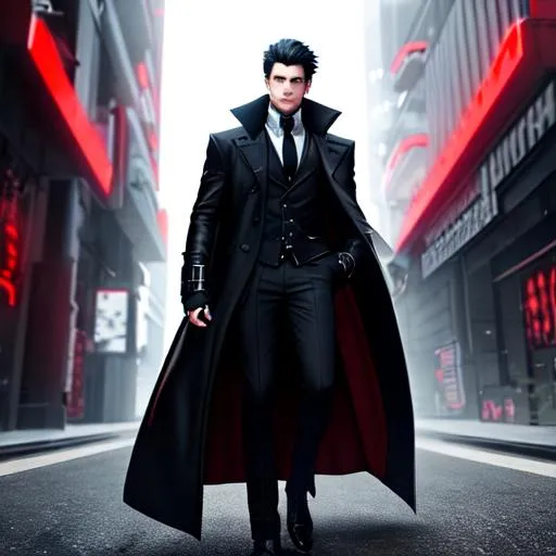 Prompt: 8k resolution ultra realistic full body  picture of handsome guy, wearing black long coat. He have short white hair. He have red glowing demon eyes, behind him have 2 monsters behind, in cyberpunk world