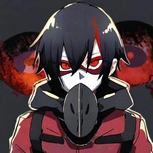 Pyro (black hair) (red eyes) wearing a gasmask | OpenArt